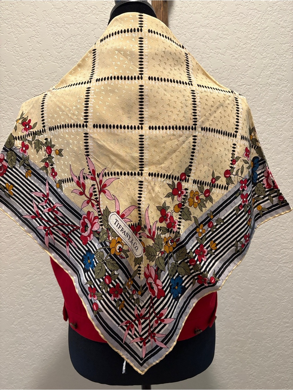 Tiffany & Co. Cream Silk Scarf with Navy Lattice and Pink Floral Border